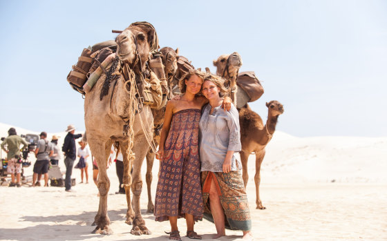 Actress Mia Wasikowska and author Robyn Davidson on set of the film adaptation of Davidson's "life-defining" book, Tracks.