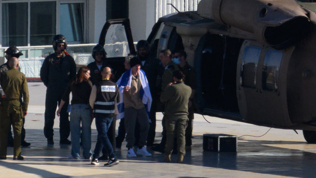 Released hostage Keith Siegal arrives at a Tel Aviv hospital.