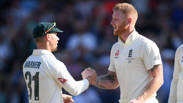 David Warner and Ben Stokes shake hands after the latter's heroics during the third Ashes Test in Leeds.