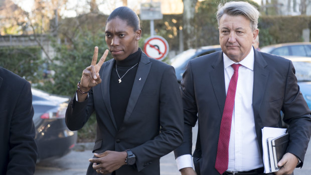 Semenya and her lawyer Gregory Nott, right, arrive for the hearing at the international Court of Arbitration for Sport.