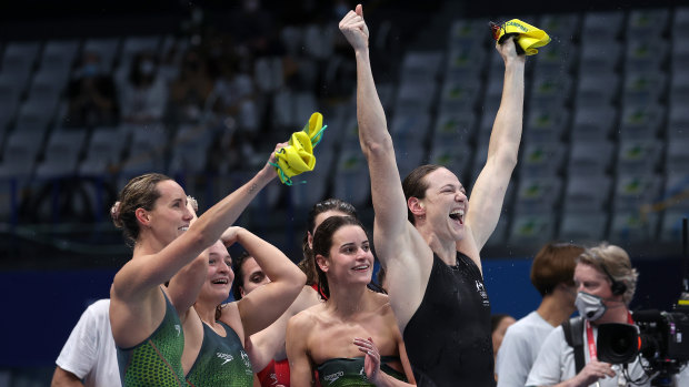 Emma McKeon, Chelsea Hodges, Kaylee McKeown and Cate Campbell after claiming gold in the women’s 4x100m medley relay. 
