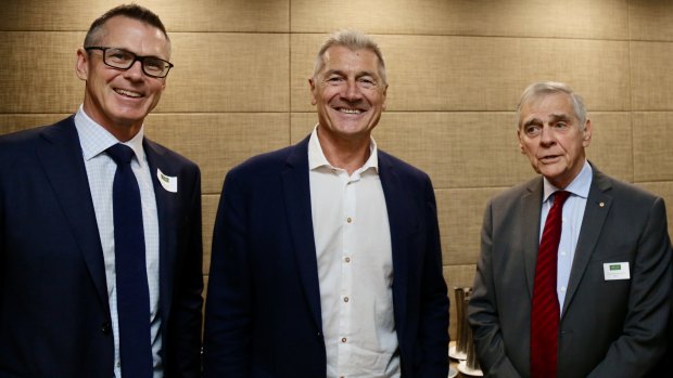 David Mortimer AO, right, with Nick McArdle and Murray Mexted, at the launch of IRAA in Sydney last year. 