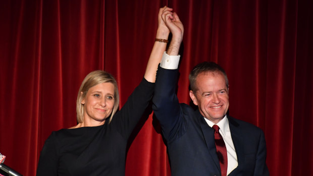 Labor candidate for Longman Susan Lamb and Bill Shorten claim victory.