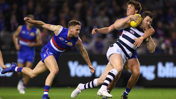 Caught: Geelong's Patrick Dangerfield gets tied up on a tough night against the Bulldogs.