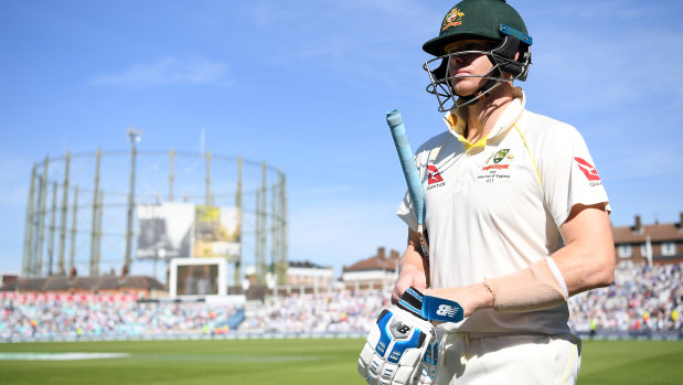 Human after all: Smith prepares to bat in the second innings at The Oval, where for once he performed below his lofty standards.