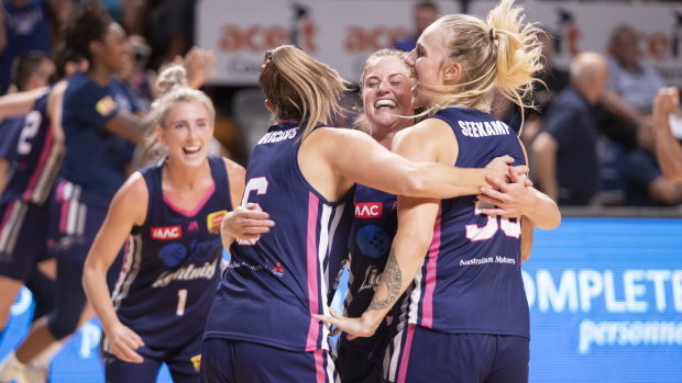 Storming home: Adelaide Lightning celebrate making the WNBL grand final series. 