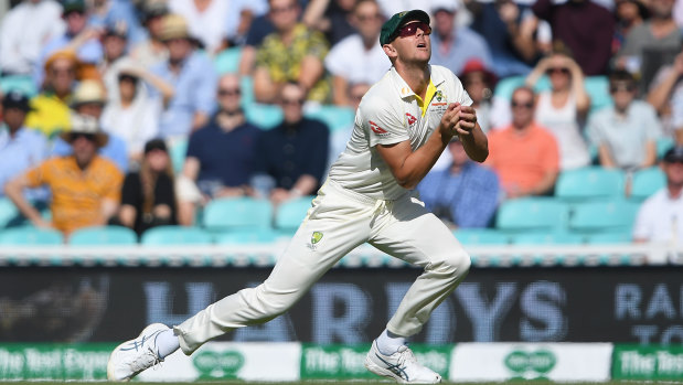 Josh Hazlewood takes the catch of Jack Leach during Day Four of the fifth Ashes Test.