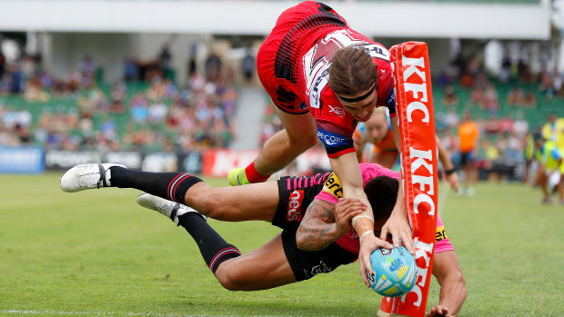 Cody Ramsey crosses for the hotly disputed try against Penrith on Saturday.