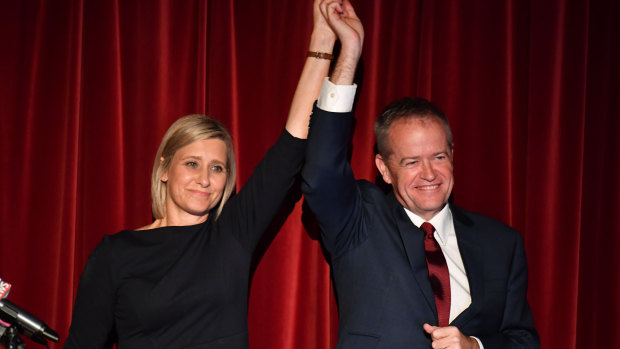 Labor candidate for Longman Susan Lamb and Bill Shorten claim victory on Saturday.