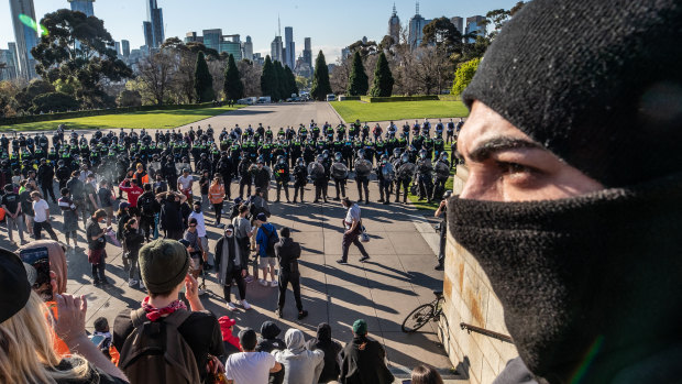 The demonstrators ultimately converged on the Shrine of Remembrance. 