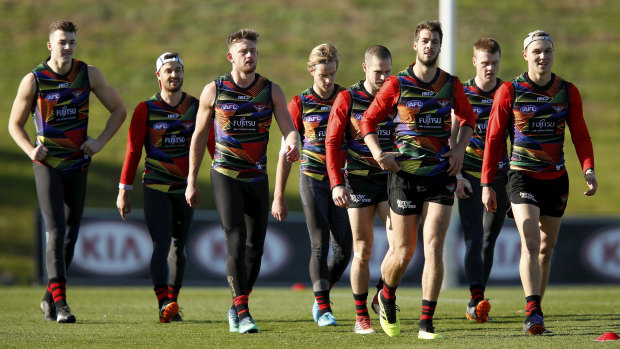 The Bombers wore rainbow training jumpers on Wednesday.