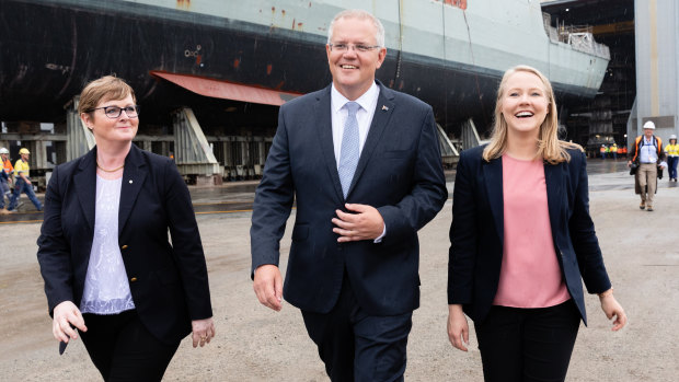Defence Industry Minister Linda Reynolds, Prime Minister Scott Morrison and Liberal Fremantle candidate Nicole Robins at BAE Systems in Perth on Thursday morning. Mr Morrison will be campaigning in at-risk Liberal-held seats over the next few days as well as Cowan, held by Labor's Anne Aly.