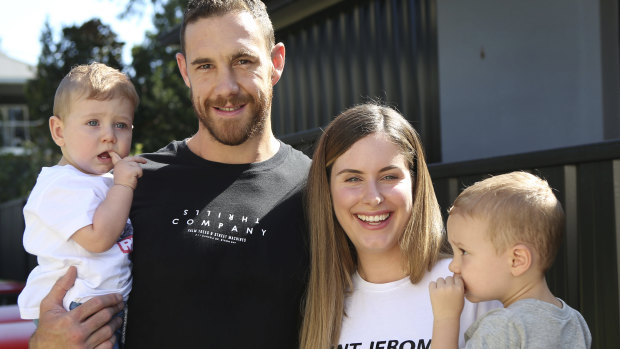 Shane Mumford with his wife Eva and their children Theo (left) and Ollie (right).
