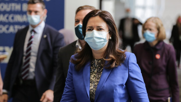 Queensland Premier Annastacia Palaszczuk and Deputy Premier Steven Miles at the mass vaccination clinic that opened in Brisbane on Wednesday.