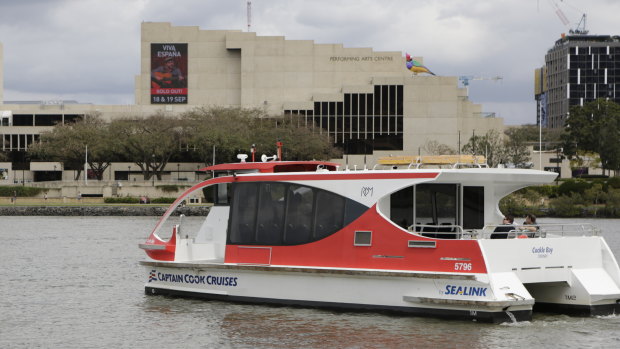 One of the KittyCats plies the Brisbane River at South Bank, while the others are yet to arrive from Sydney.