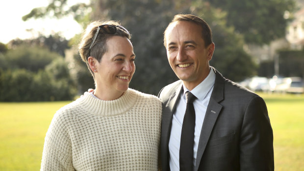 Dave Sharma with his wife Rachel at Darling Point on Monday.