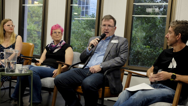 The panel at Fishburners in Sydney: Sarah Moran, Nicole Nye, FastMail, Nuix founder Eddie Sheehy, and Atlassian co-founder Scott Farquhar. 