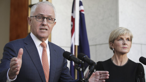 Malcolm Turnbull and Julie Bishop announcing the expulsion of two undeclared Russian spies on Tuesday.