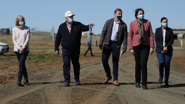 Former chief health officer Jeannette Young, business owner John Wagner, Deputy Premier Steven Miles, Premier Annastacia Palaszczuk and Health Minister Yvette D’Ath at the announcement of the quarantine facility at Toowoomba’s Wellcamp Airport.