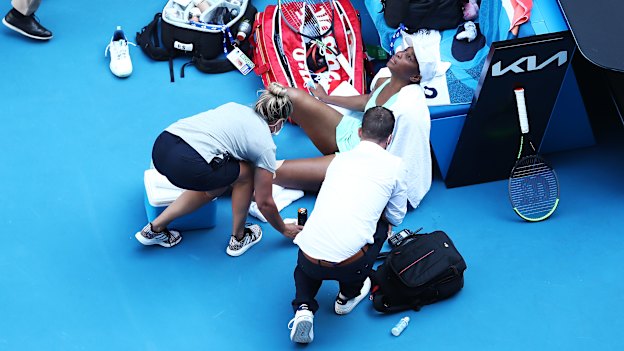 Venus Williams takes a timeout at the Open in 2021. 