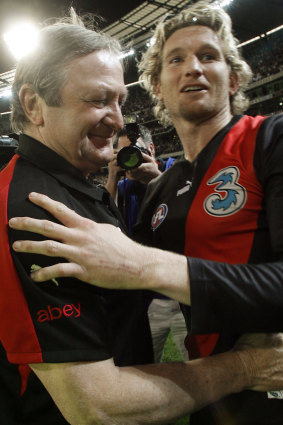 Kevin Sheedy and James Hird at their farewell match in Melbourne.