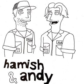 Radio duo Hamish and Andy, drawn by Talia Kuo in the likeness of Simpsons characters.