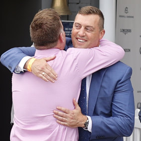 Tony Gollan gets a hug after Krone’s win.