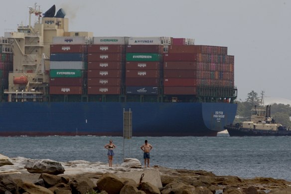 A container ship leaves Port Botany.