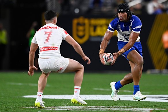 Bulldogs skipper Stephen Crichton playing at left centre against the Dragons in round one in Las Vegas