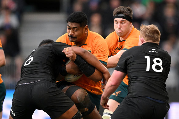 Will Skelton charges into the All Blacks’ defensive line.