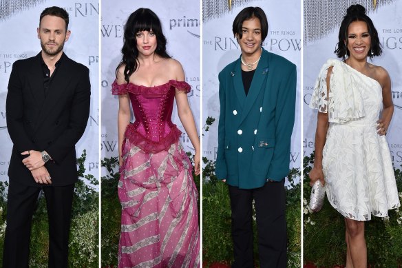 Australian stars Charlie Vickers, Markella Kavenagh, Tyroe Muhafidin and Sara Zwangobani at the premiere of The Lord of the Rings: The Rings of Power at Culver Studios in LA.