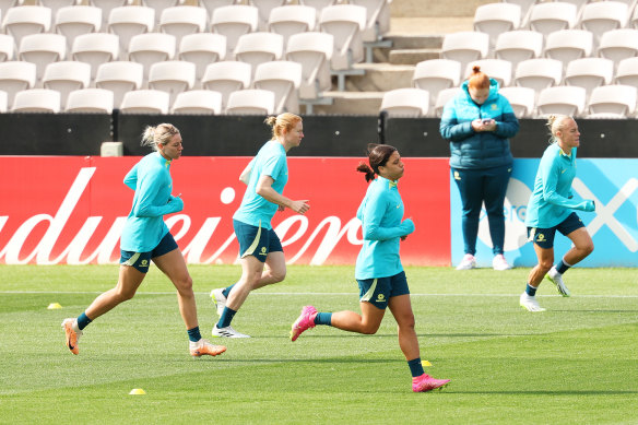 Sam Kerr at Matildas training on Tuesday at Jubilee Stadium.