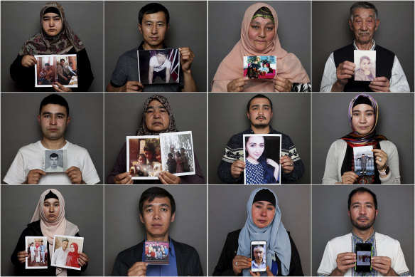 Uighurs in Australia with photos of relatives who are in internment camps, are missing or have died.