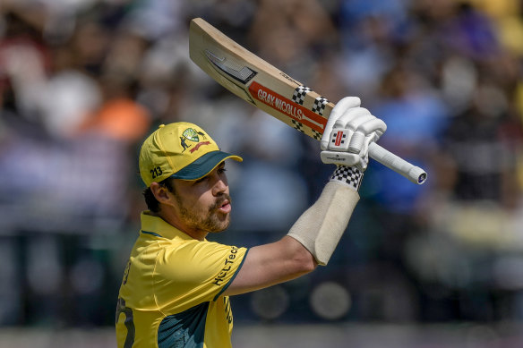 Australia’s Travis Head celebrates his century against New Zealand in Dharamshala.