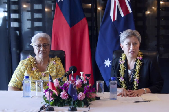 Australian Foreign Minister Penny Wong (right) holds a joint press conference with Samoan Prime Minister Fiame Naomi Mata’afa in Apia, Samoa.