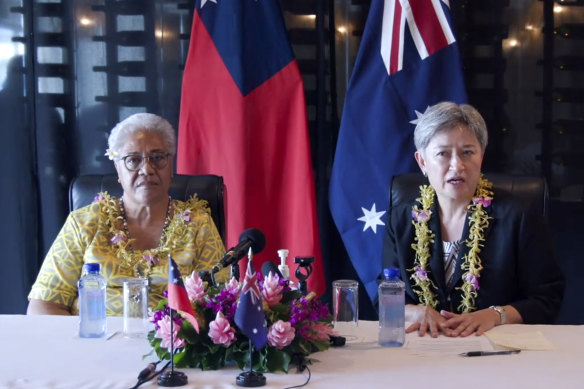 Australian Foreign Minister Penny Wong, right, holds a joint press conference with Samoan Prime Minister Fiame Naomi Mata’afa in Apia, Samoa.