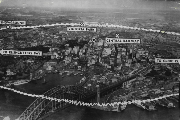 "An atom-bomb exploded 2000 feet above the area shown would wipe out the city within the inner circle, severely damage the area beyond, kill 50,000, injure 100,000, and render Sydney uninhabitable for five years." August 08, 1949.