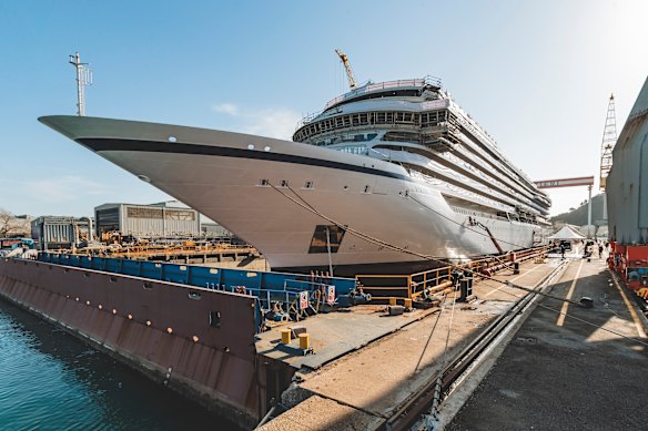 Viking Libra, seen here under construction, is celebrated as the world’s first hydrogen-powered cruise ship.