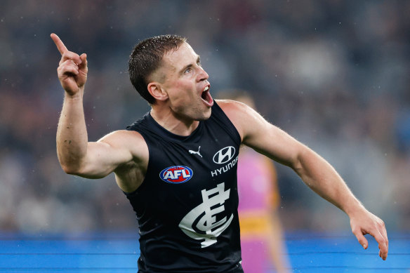 Matthew Owies kicks his second of the game against Melbourne.