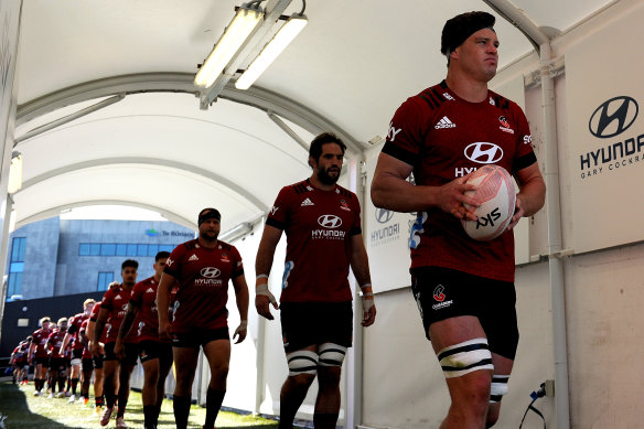 Scott Barrett leads the Crusaders out on Sunday.  The perennial Super Rugby powerhouses have picked up in 2021 where they left off last year.
