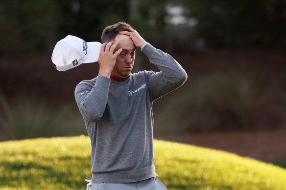 Justin Thomas of the United States reacts on the eighth green.