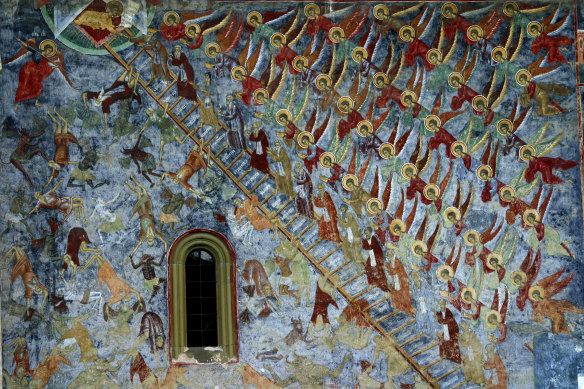 The Ladder of St John Climacus, painted on the wall of the Sucevita Monastery in Romania, shows angels guiding the righteous into heaven while the wicked descend to hell.