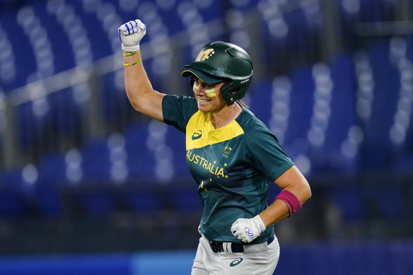 Jade Wall celebrates her home run.