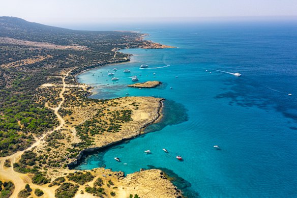 The stunning Akamas coastline of Cyprus is known for its dramatic cliffs and turquoise waters.