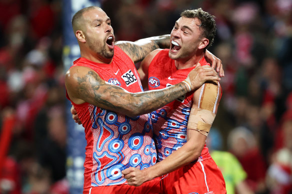 Sydney’s Lance Franklin (left) and Will Hayward celebrate a goal.