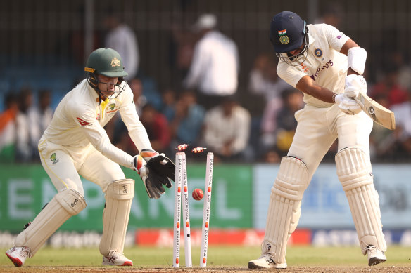 Cheteshwar Pujara was bowled by a delivery that turned square.