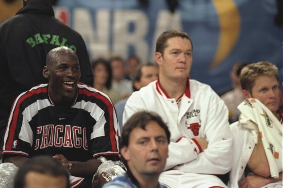 Luc Longley with Bulls teammates Michael Jordan and Steve Kerr in 1997.