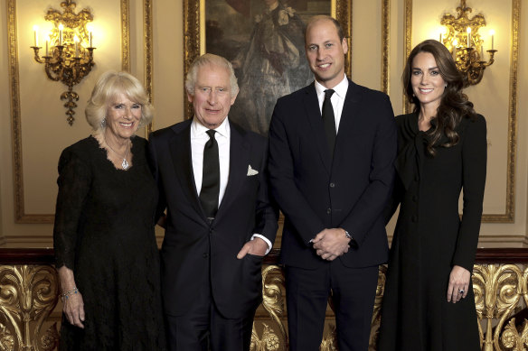 Camilla, the Queen Consort, Britain’s King Charles III, Prince William and Kate, Princess of Wales, pose at Buckingham Palace in September.