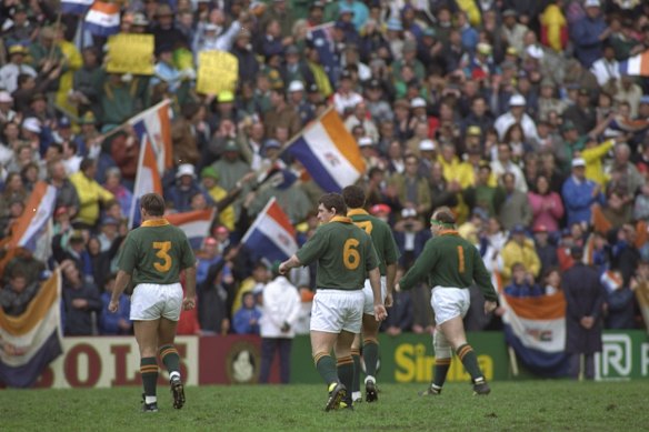 South African players walk on to the field before the match against Australia in Cape Town in 1992.