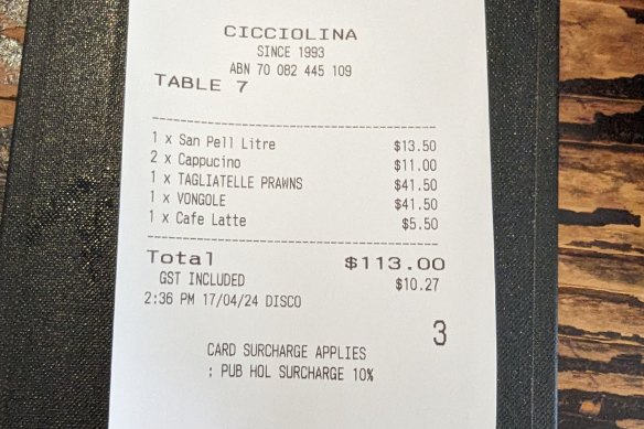 The bill for lunch at Cicciolina.
